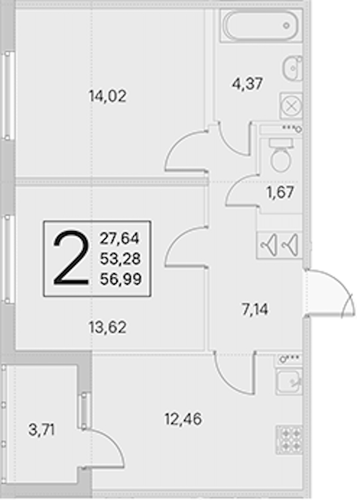 2-комнатная квартира 53.28 м², 4/4 эт., ЖК «Любоград в Стрельне»